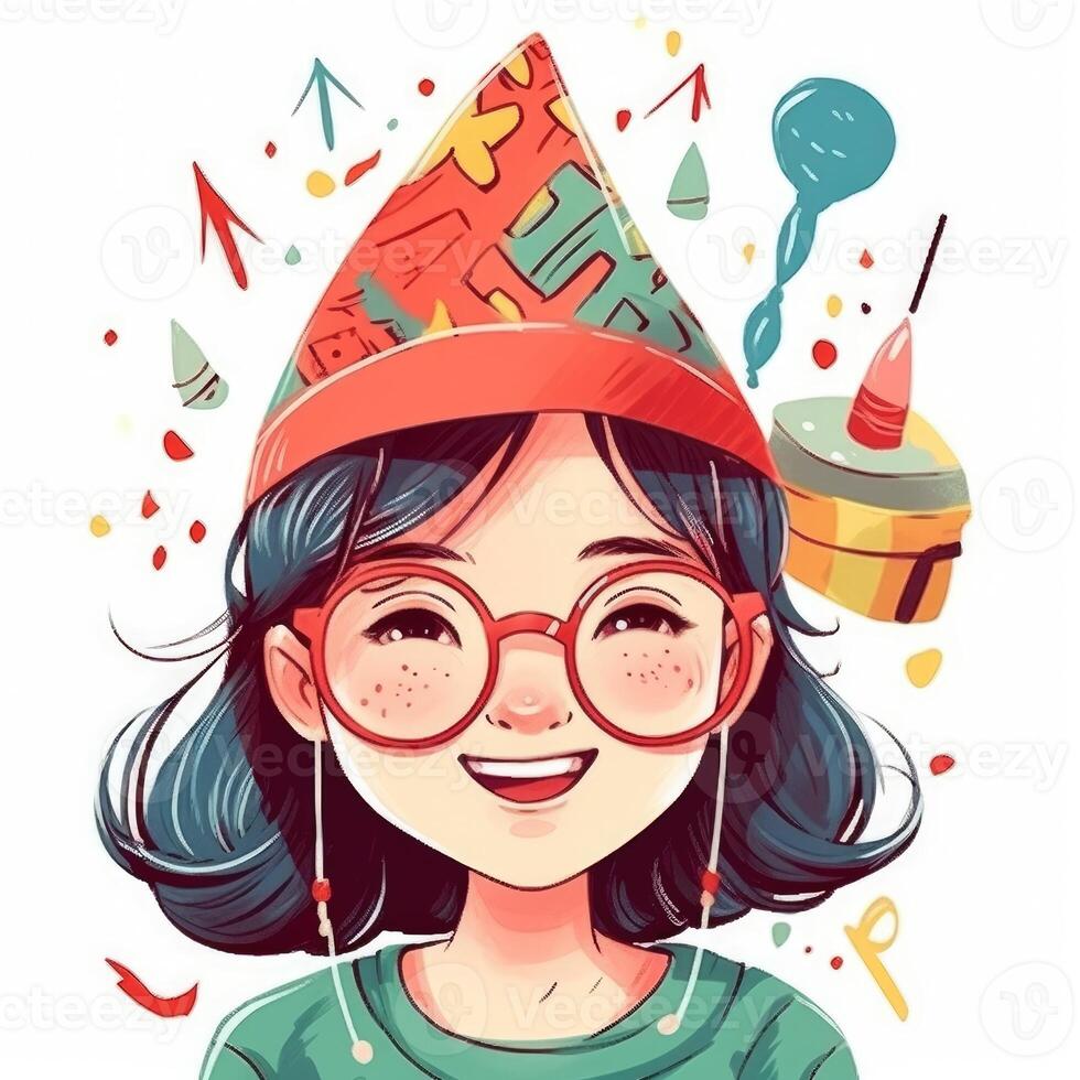 een kind met bril en een hoed is vieren haar verjaardag, tekenfilm illustratie met generatief ai foto