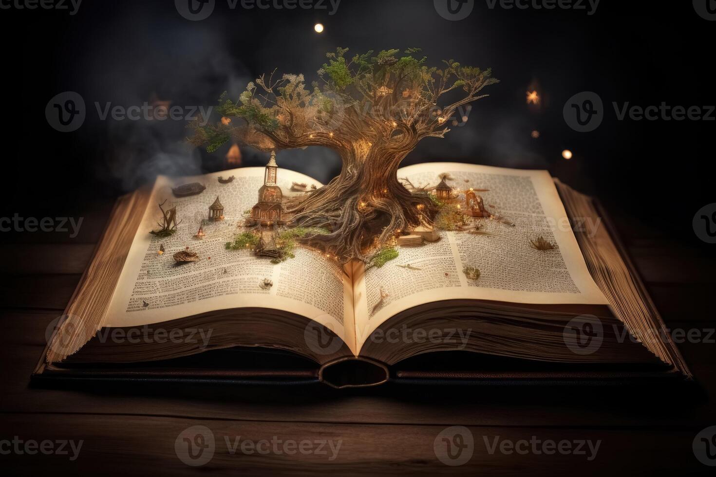 een magisch boek met fantasie verhalen komt eraan uit van de boek gemaakt met generatief ai technologie. foto