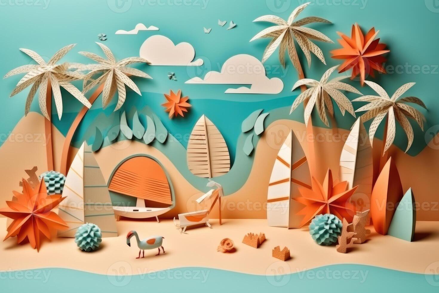 zomer reizen vakantie strand vakantie concept. retro papier kunst collage. generatief ai foto