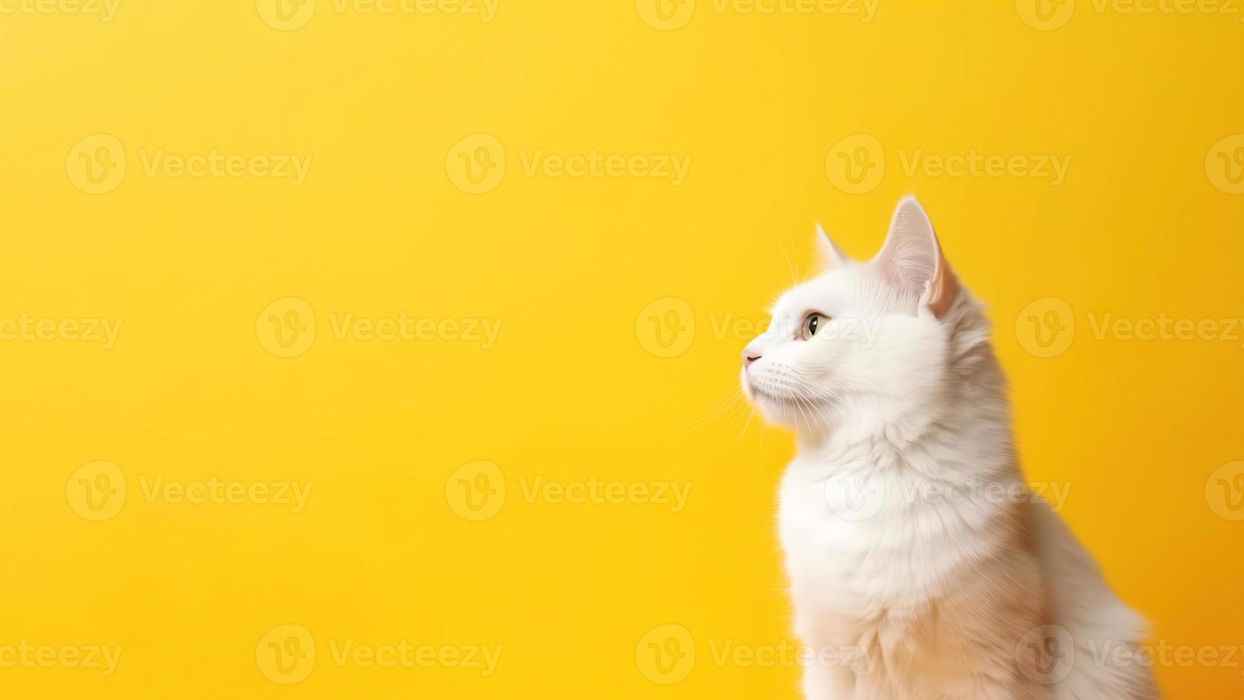 schattig wit katje geïsoleerd Aan geel achtergrond foto