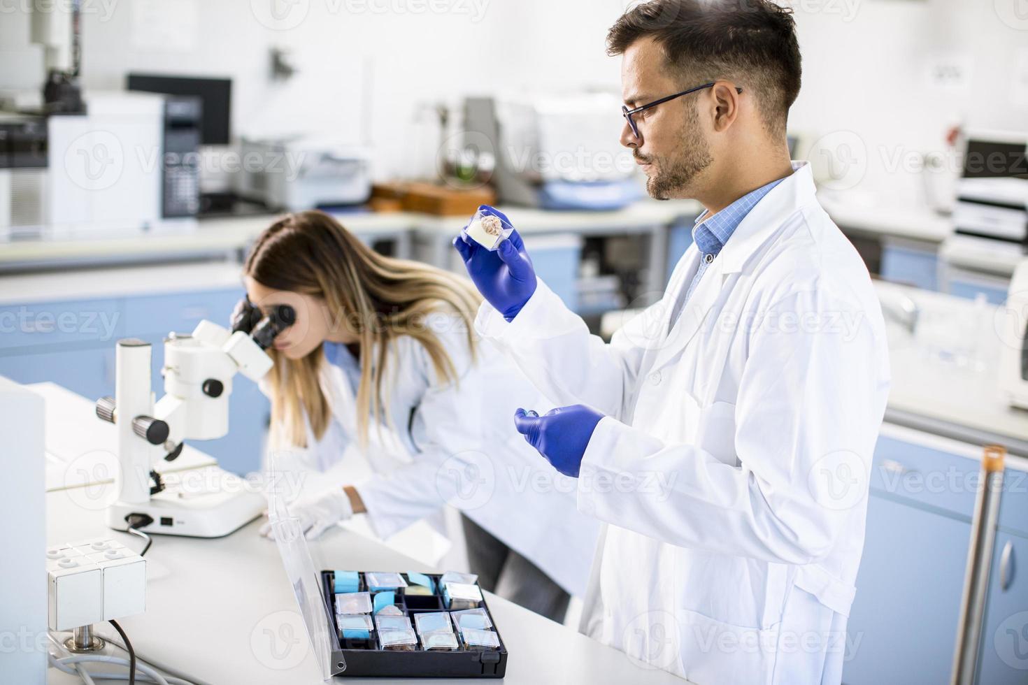 groep jonge onderzoekers die chemische gegevens in het laboratorium analyseren foto