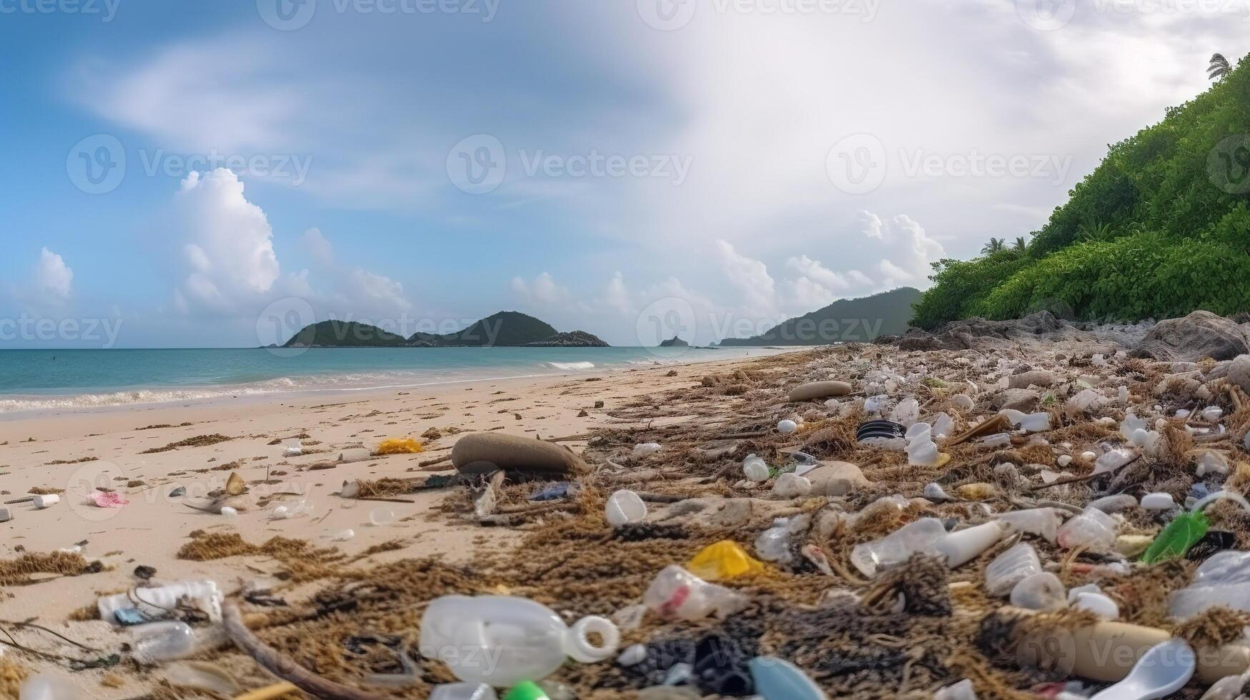 strand overweldigd door vuilnis en plastic afval. generatief ai foto