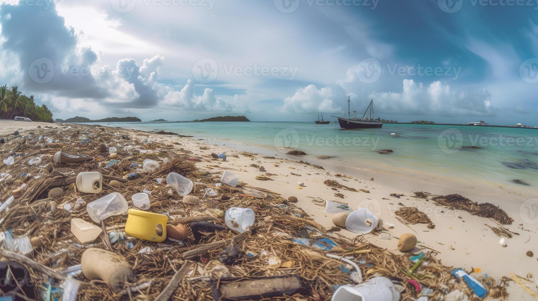 strand overweldigd door vuilnis en plastic afval. generatief ai foto