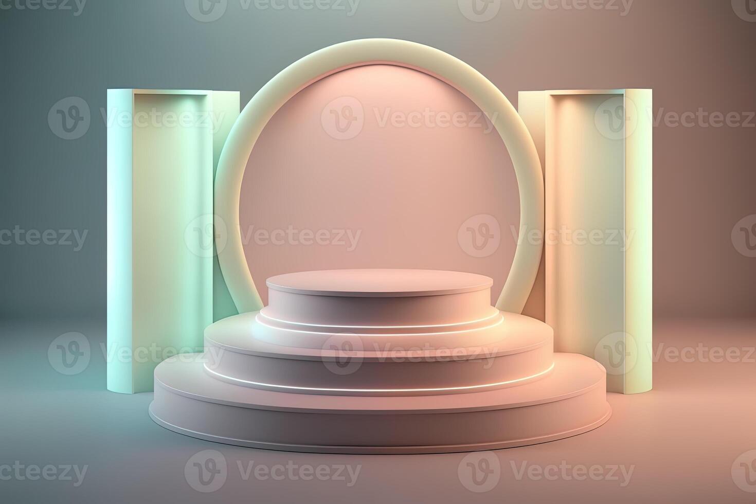 realistisch 3d podium met neon licht en pastel kleur voor Product Scherm. ai gegenereerd foto