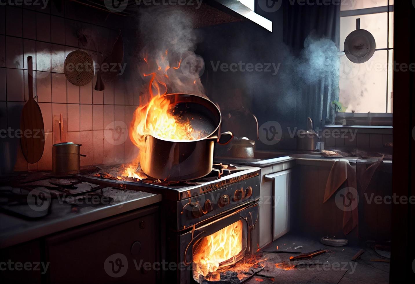 fornuis ontstoken in de modern keuken gedurende Koken, rook en roet in de omgeving van, brand Bij huis. genereren ai foto