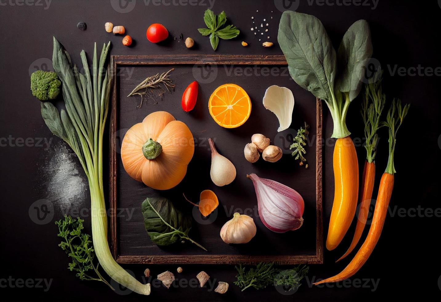 vers heerlijk ingrediënten van biologisch voedsel voor gezond Koken , vers boer groenten Aan een zwart schoolbord achtergrond. genereren ai foto