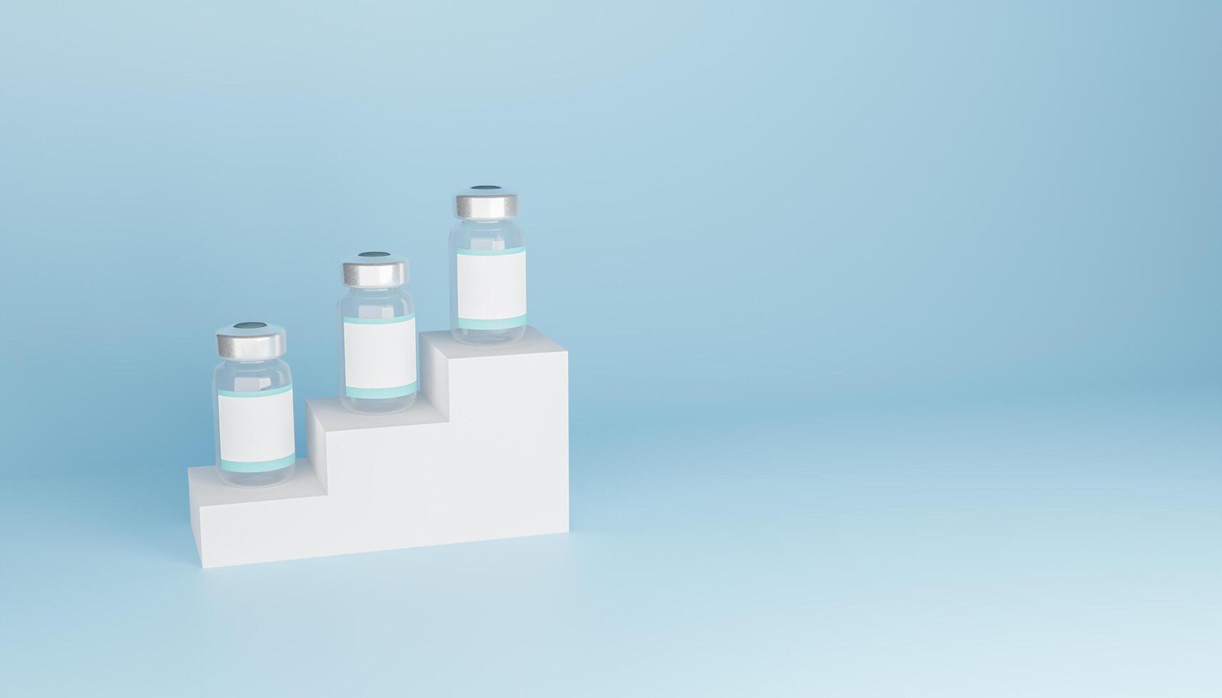 mockup vaccinflessen met blanco etiket op een podium en copyspace, 3d render foto