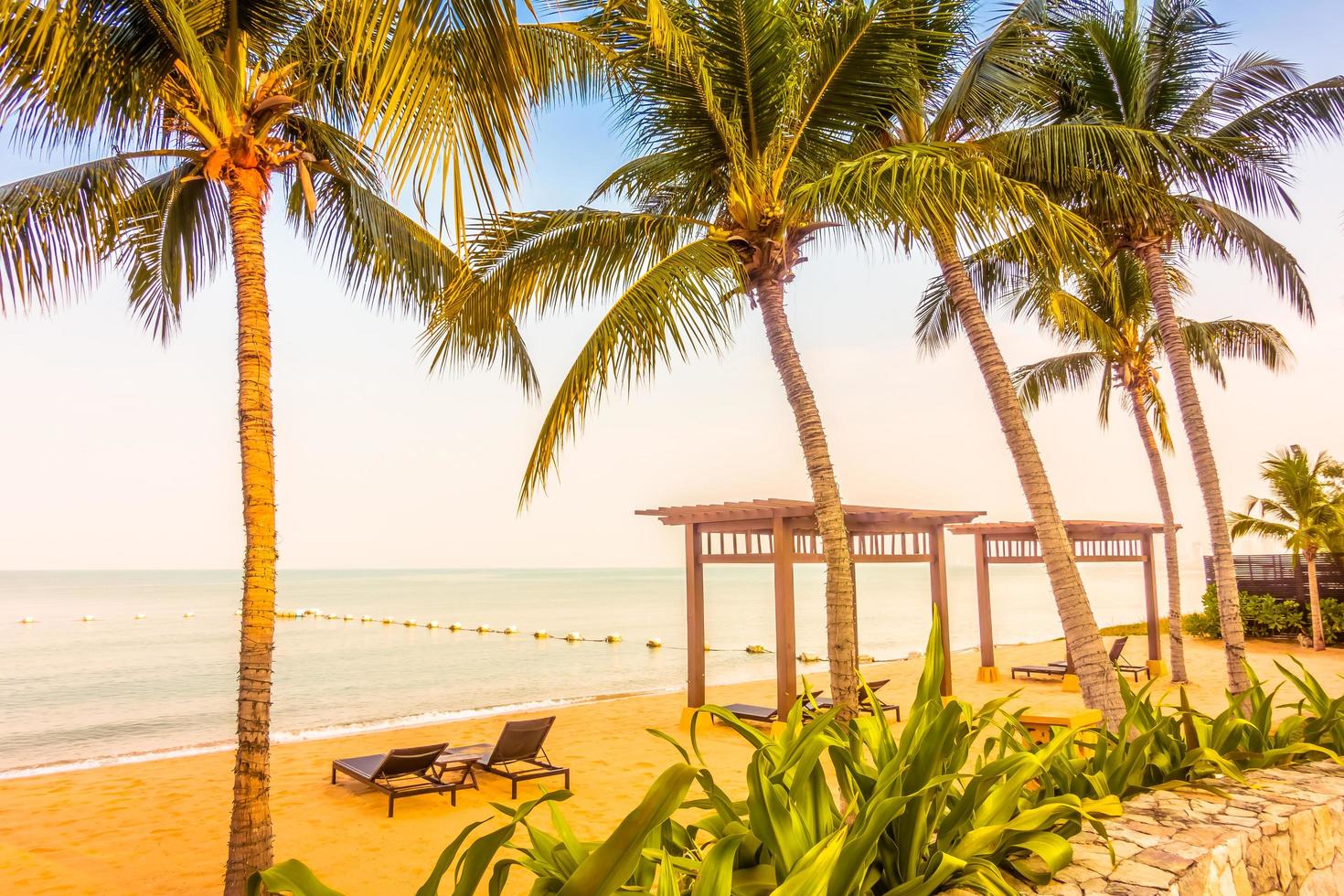 prachtig strand en zee met palmbomen foto