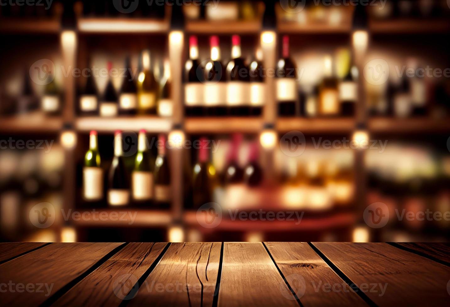 wijn houten tafel achtergrond. wazig wijn winkel met flessen. genereren ai. foto