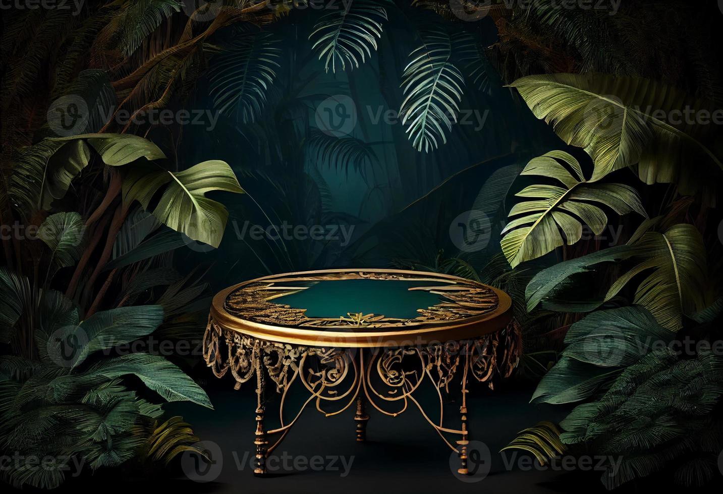 oerwoud tafel achtergrond. interieur tafel voor een kunstmatig item tegen de backdrop van tropisch planten, palmen en oerwoud. genereren ai. foto