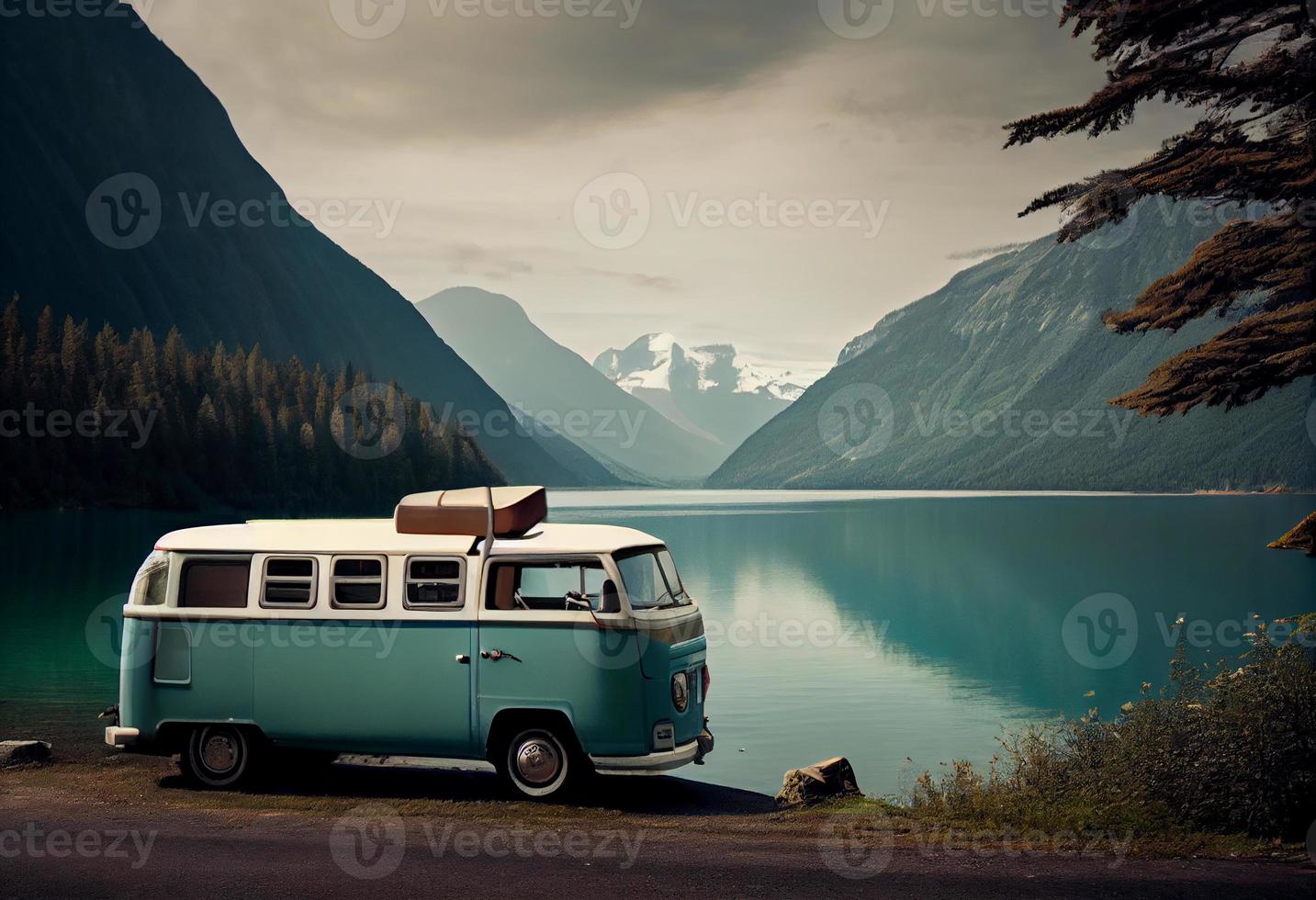 gaan Aan vakantie in een busje door een mooi meer. genereren ai foto