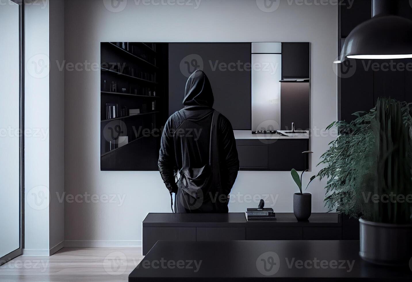 een inbreker gekleed in allemaal zwart staat met zijn terug naar de camera in een modern appartement. genereren ai foto