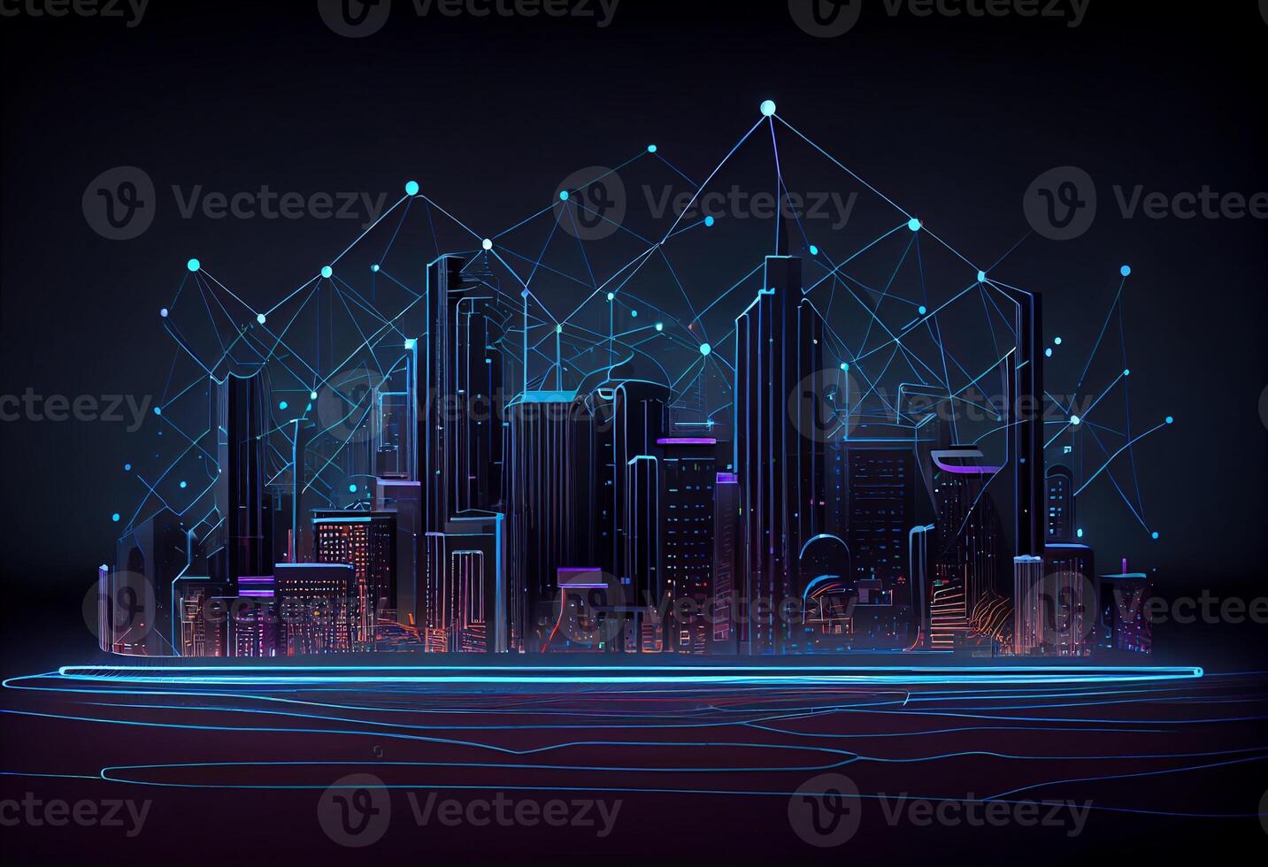 slim stad en abstract lijn en punt aansluiten met helling lijn ontwerp , groot gegevens verbinding technologie concept. 3d geven . genereren ai foto