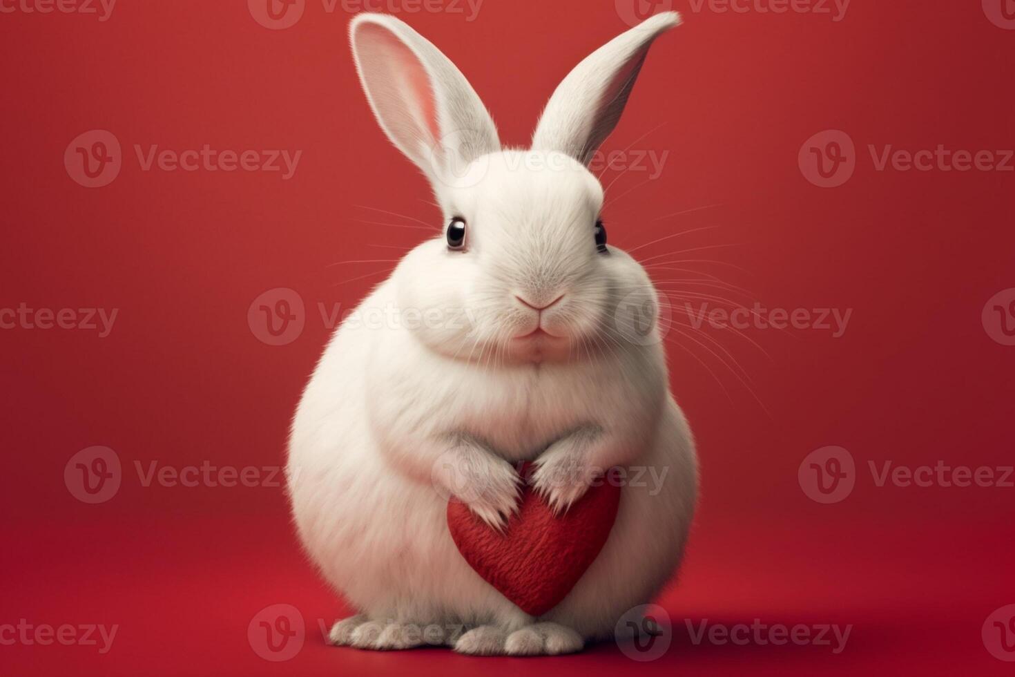 schattig wit konijn Aan een rood achtergrond, Holding een hart. genereren ai foto