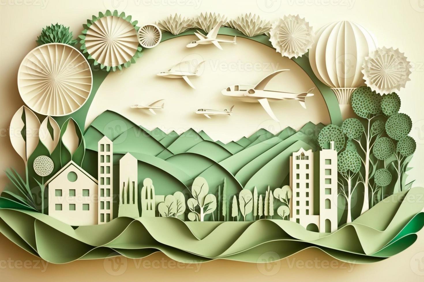 papier kunst stijl , papier besnoeiing van eco stad ontwerp groen energie concept en milieu behoud. genereren ai foto
