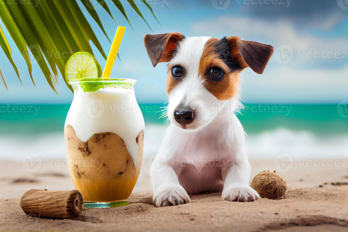 schattig hond - jack Russell terriër, genieten van Aan de strand met een kokosnoot drankje. genereren ai foto