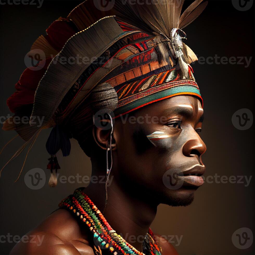 portret realistisch grafiek van een Afrikaanse Mens met sterk gelaats Kenmerken in nationaal kleren - ai gegenereerd beeld foto