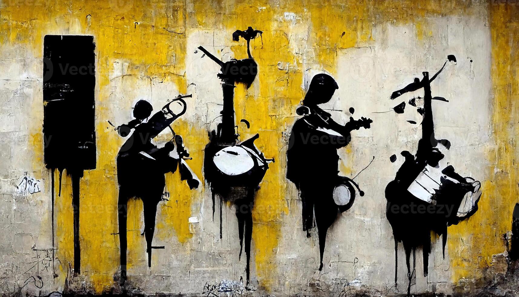 generatief ai, straat kunst met sleutels en musical instrumenten silhouetten. inkt graffiti kunst Aan een getextureerde papier wijnoogst achtergrond, geïnspireerd door banksy foto