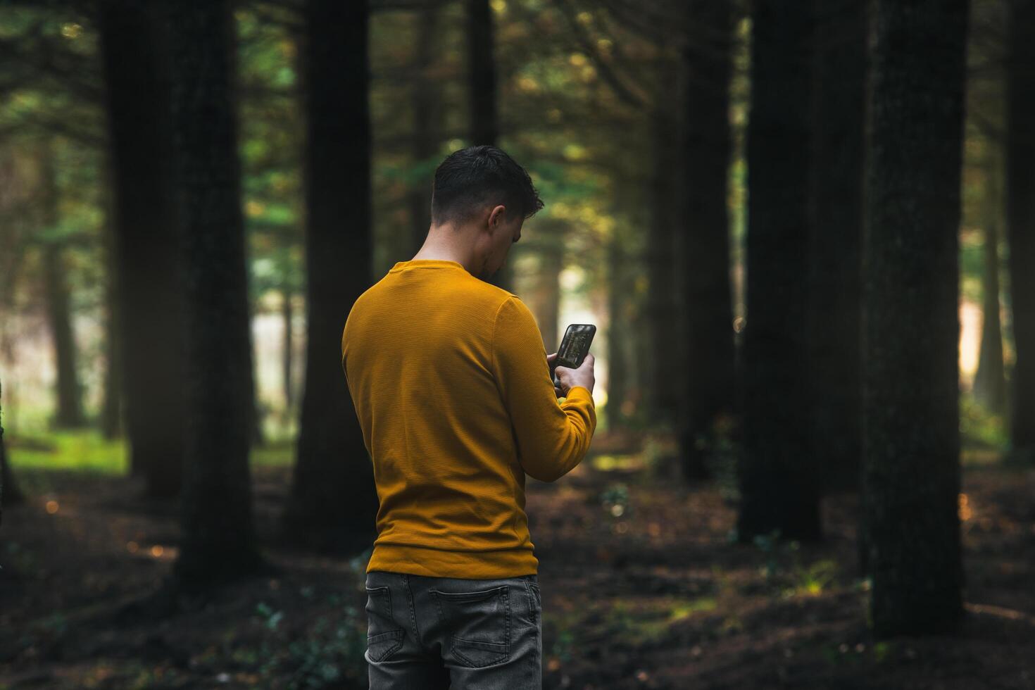 persoon met gele jas en grijze spijkerbroek kijkt naar zijn telefoon in het bos foto