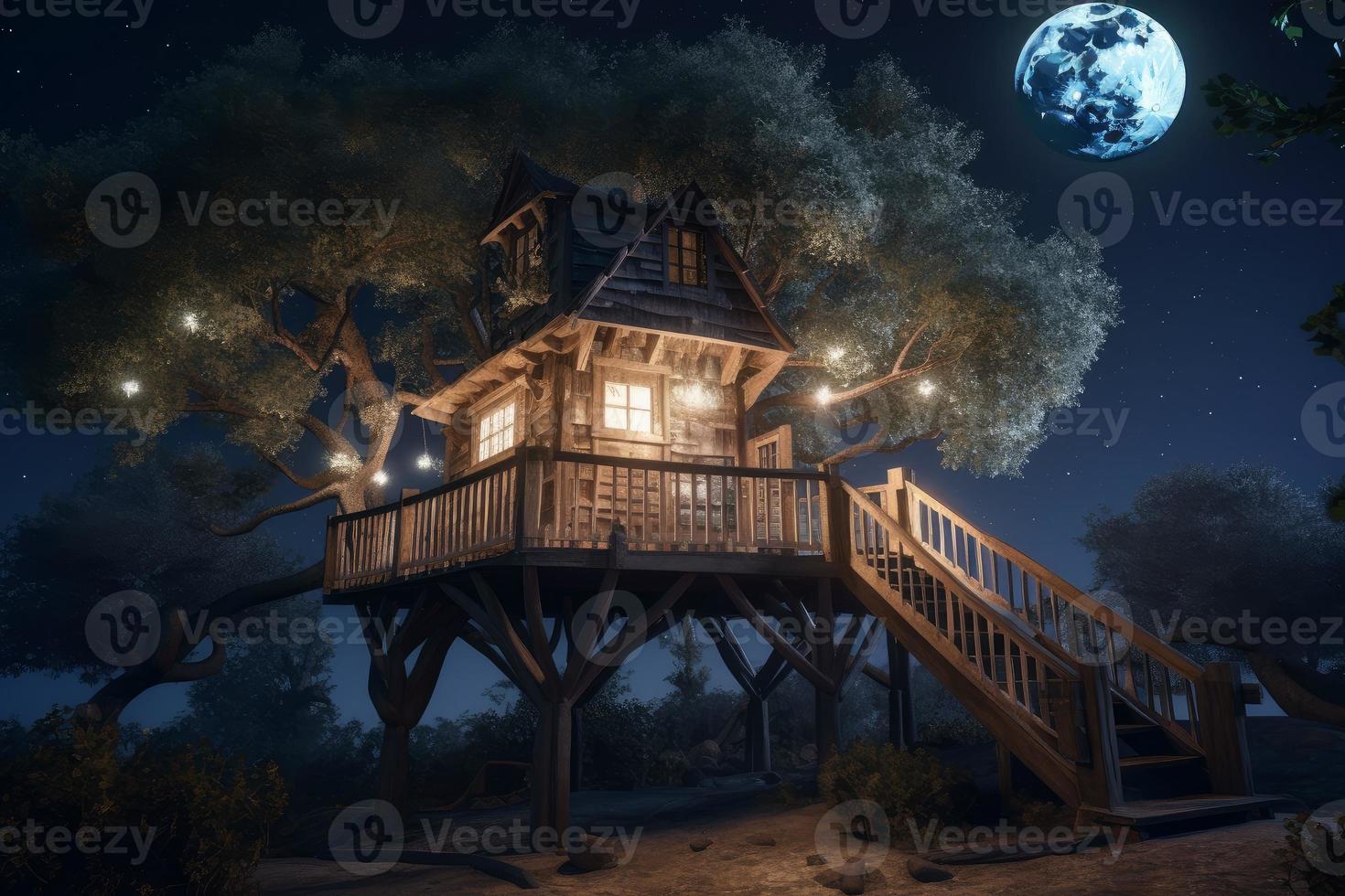 boom huis maan nacht. genereren ai foto