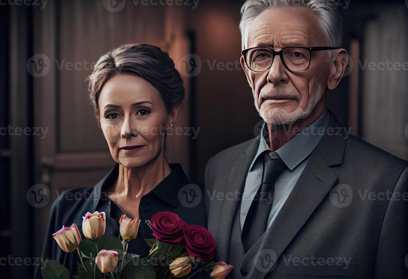 senior Mens staand met aantrekkelijk vrouw Holding bloemen Aan begrafenis. genereren ai. foto