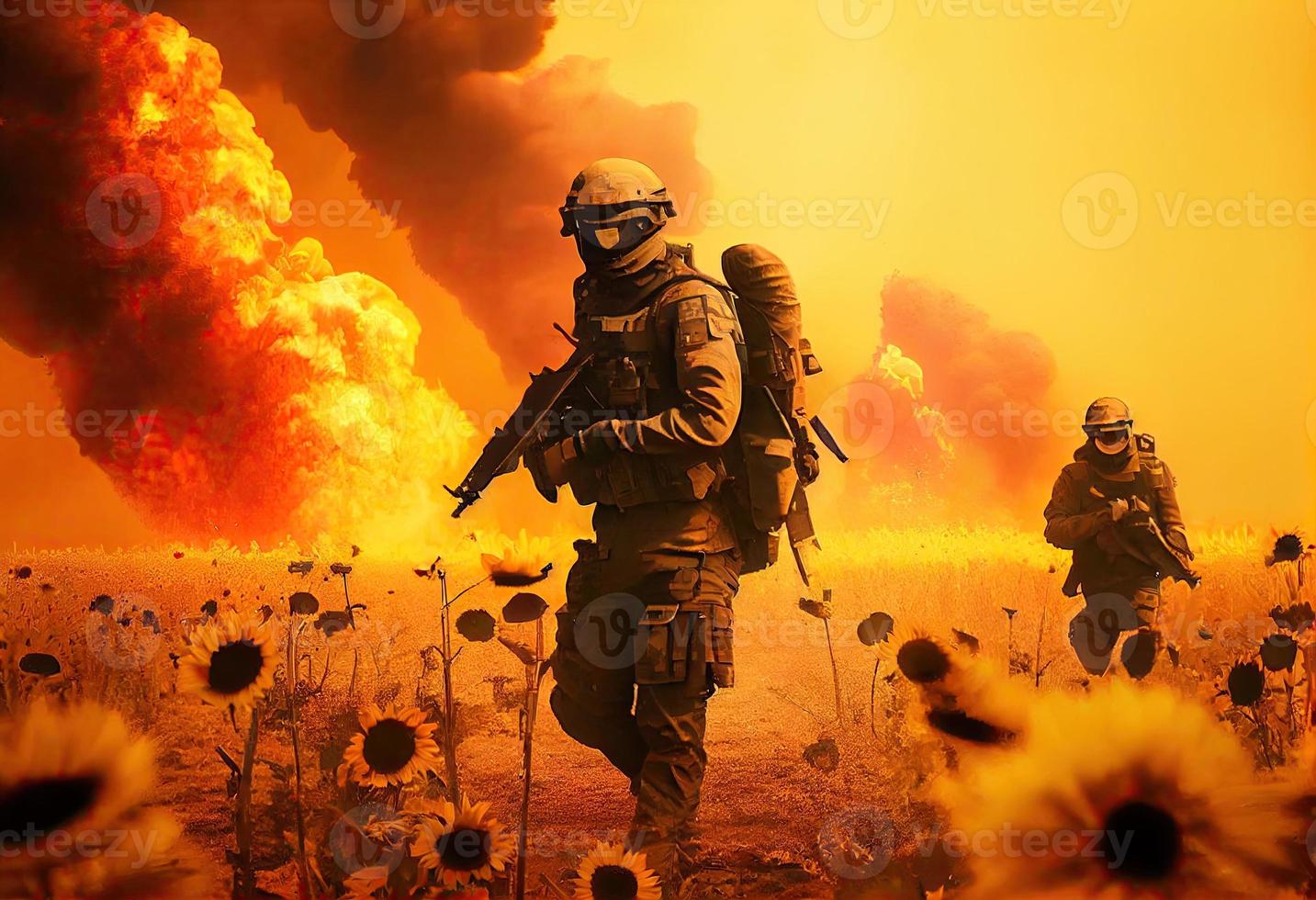 leger speciaal krachten soldaten kruisen vernietigd oorlogsgebied door brand en rook in een zonnebloem veld- genereren ai. foto