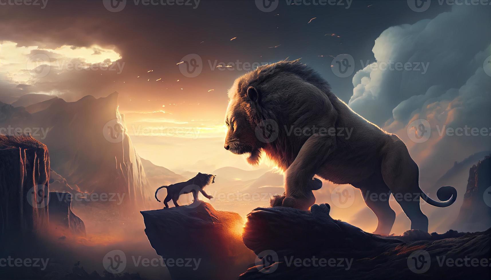 groot leeuw en leeuwin Aan de top van de berg. genereren ai. foto