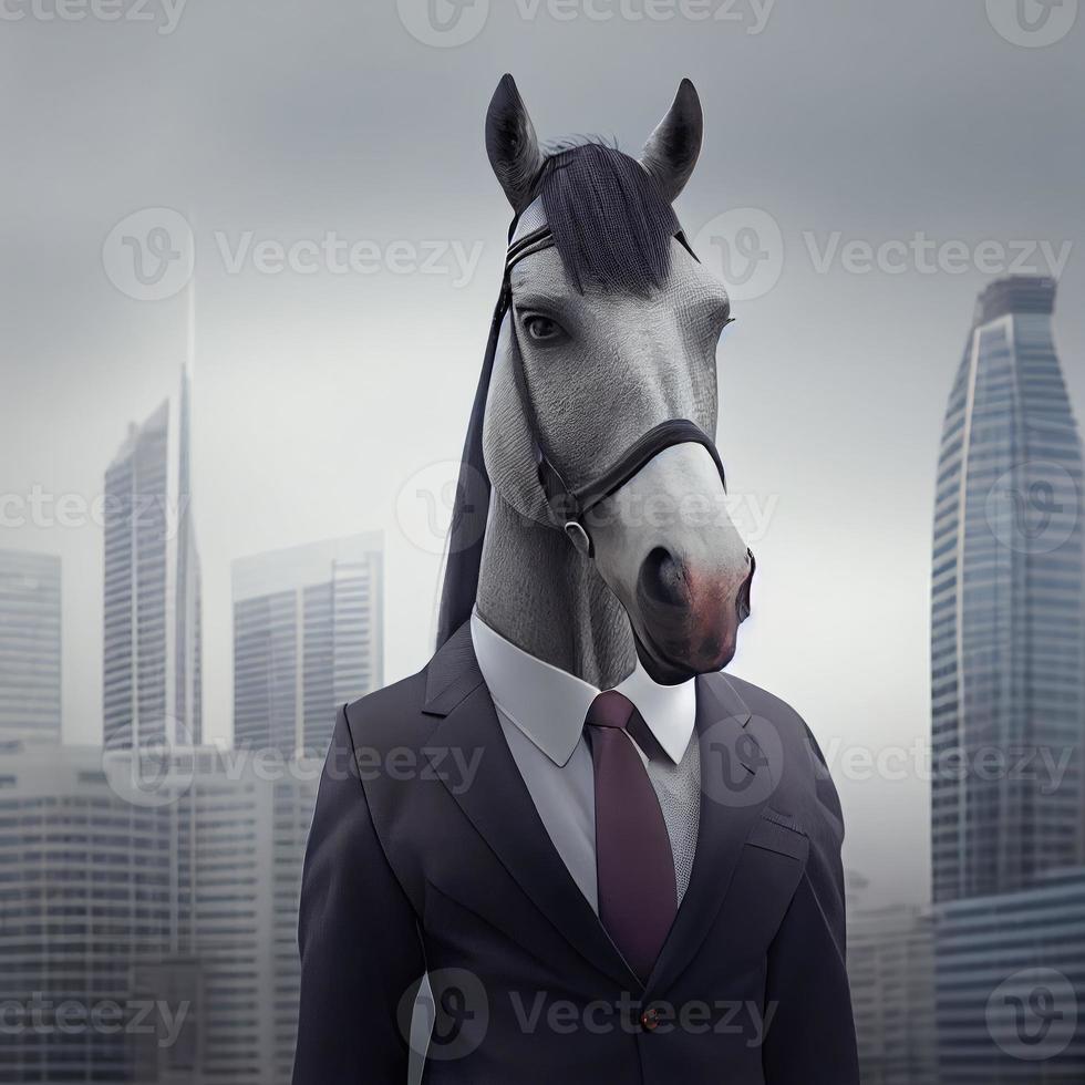portret van een antropomorf paard zakenman roamen de stad straten. genereren ai. foto