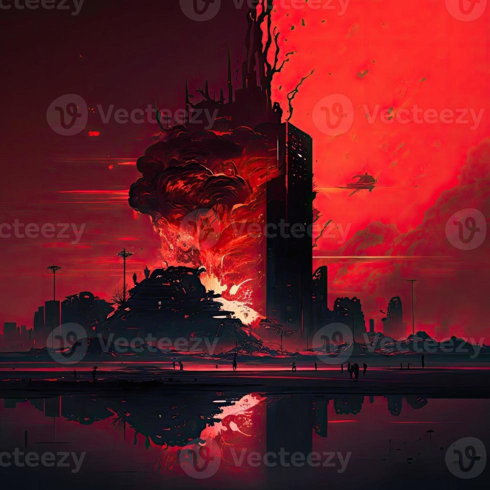 rood donder stadsgezicht de brandend stad digitaal kunst stijl. genereren ai. foto