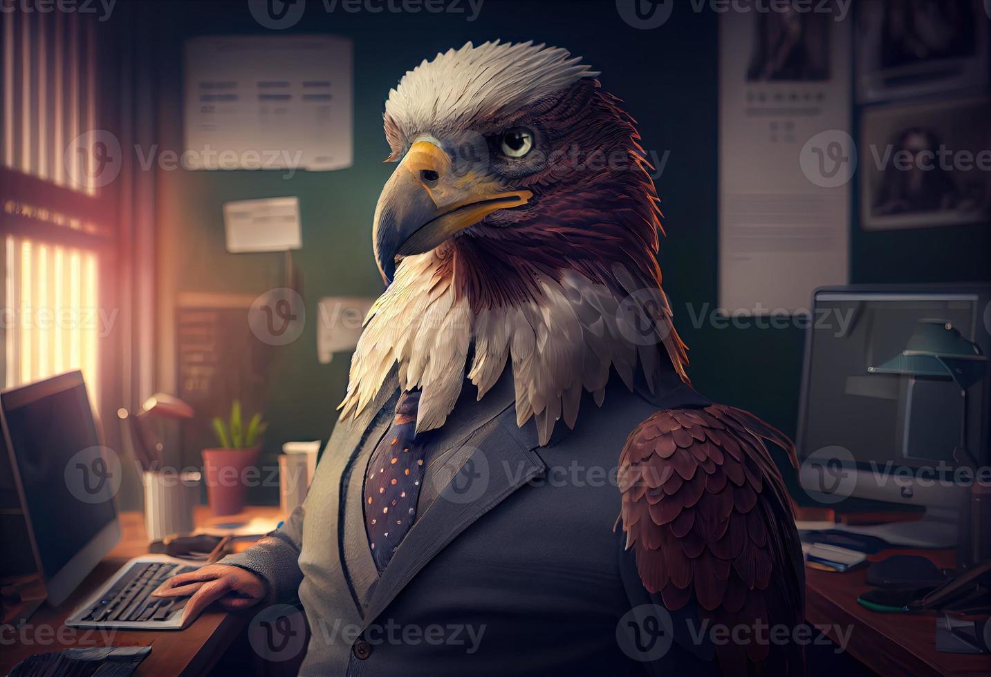 portret van een antropomorf adelaar net zo een ontwikkelaar in de kantoor. genereren ai. foto