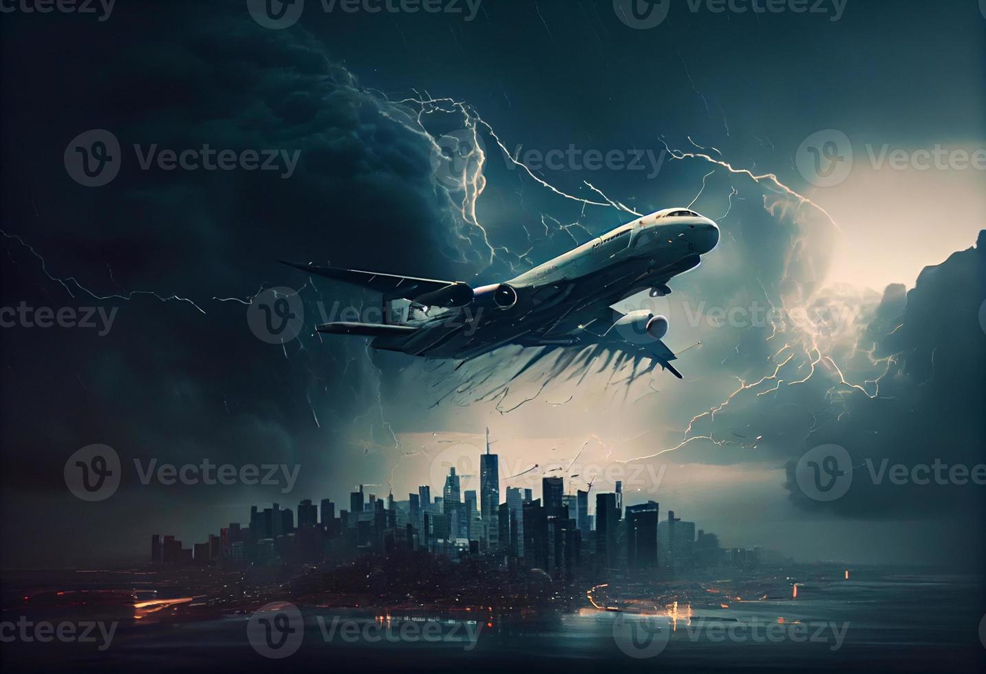 passagier vlak vliegt in een storm over- de stad . genereren ai. foto