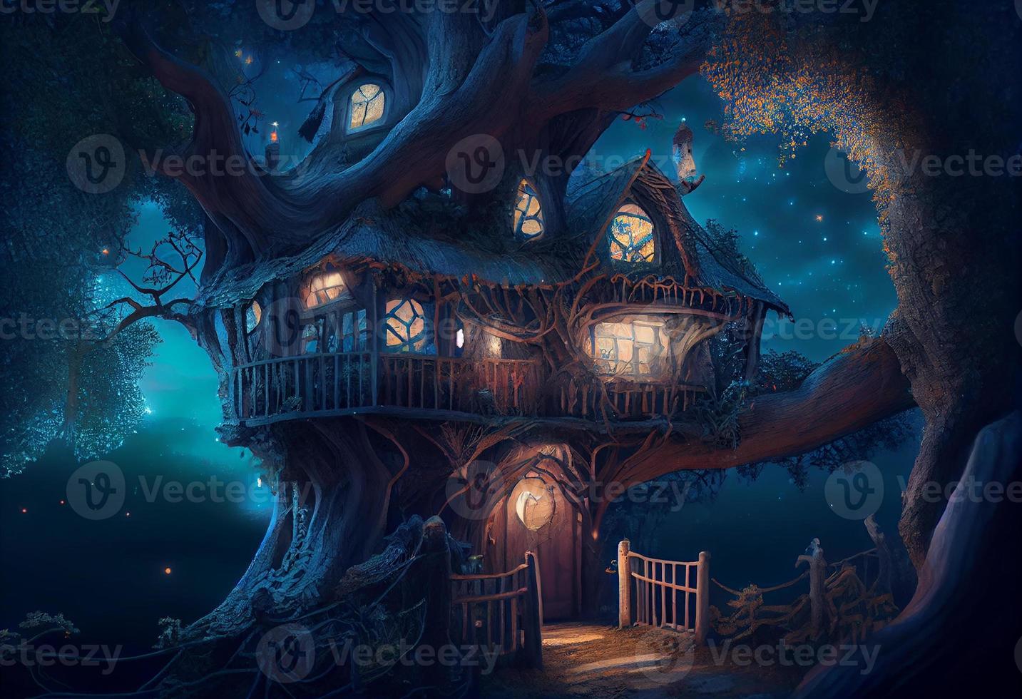 magisch fantasie fee verhaal landschap van boom huis Bij nacht in een Woud. genereren ai. foto
