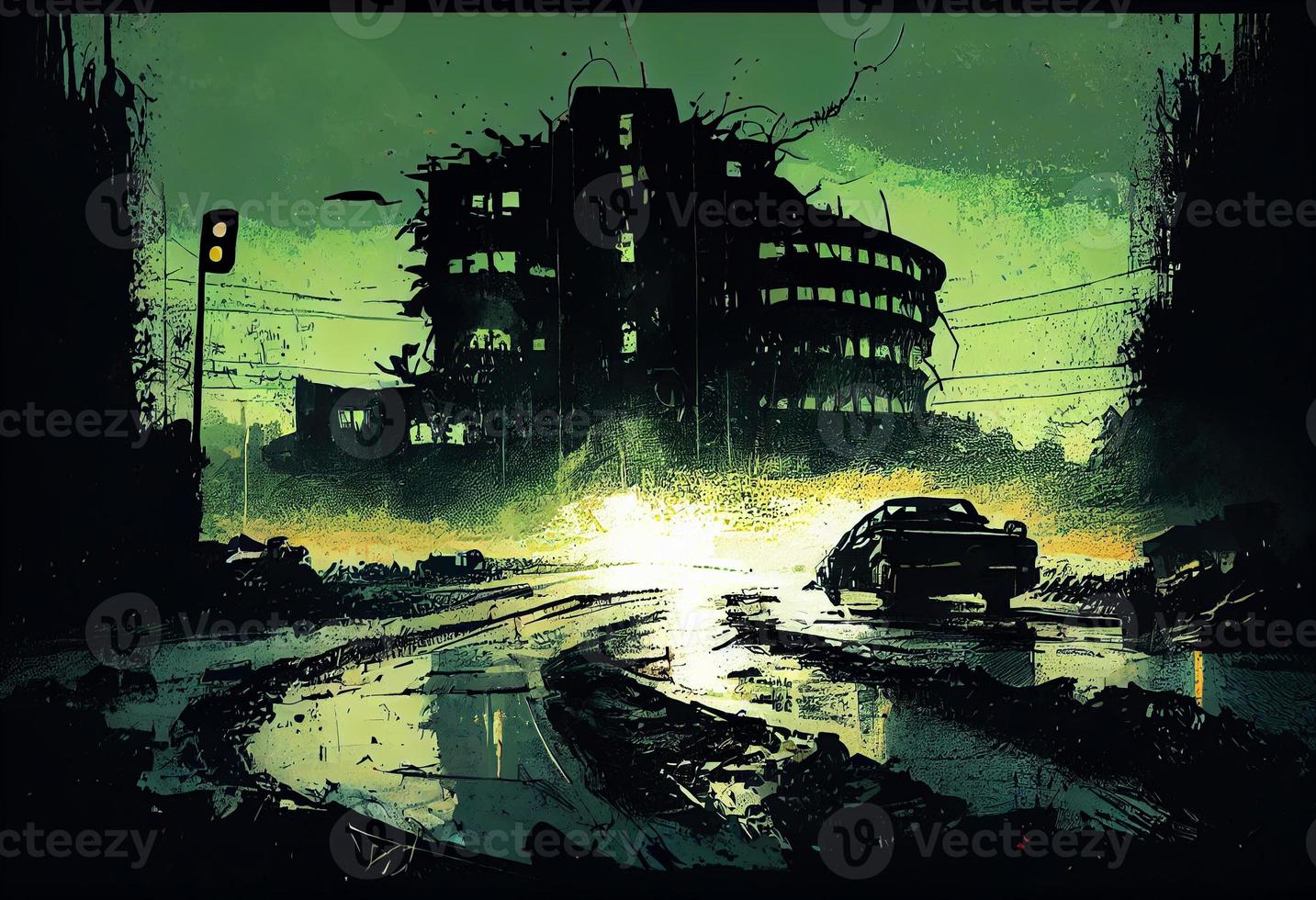 illustratie schilderij van vernietigd verlaten stad, zombie Apocalypse. genereren ai. foto
