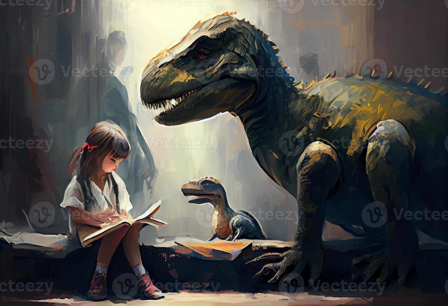 dinosaurussen zittend met een weinig meisje. genereren ai. foto