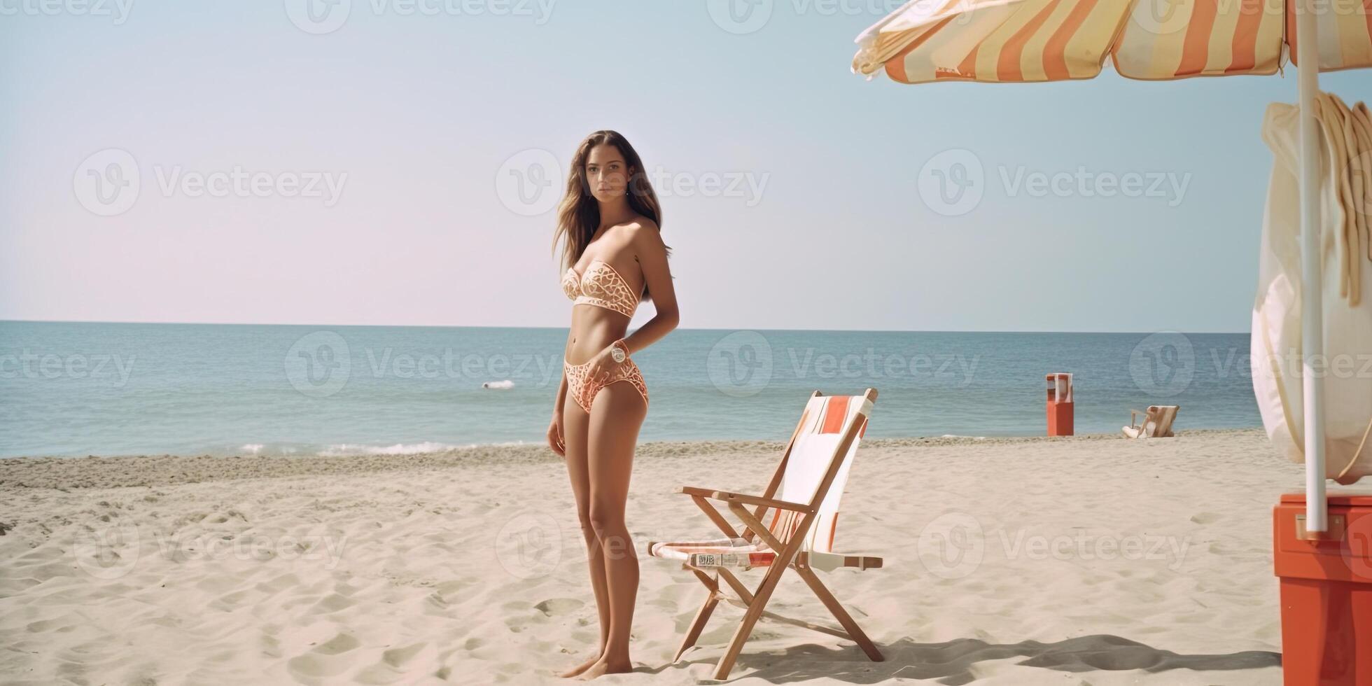 strand stijl foto van een prachtig godin in bikini vol. generatief ai