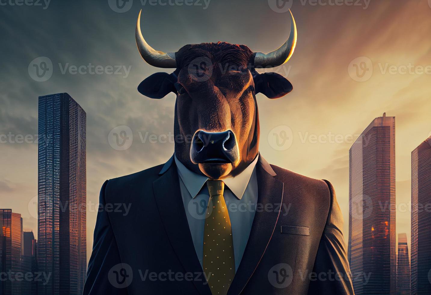 portret van een antropomorf stier gekleed net zo een zakenman tegen de backdrop van een modern stad Bij zonsondergang. genereren ai. foto
