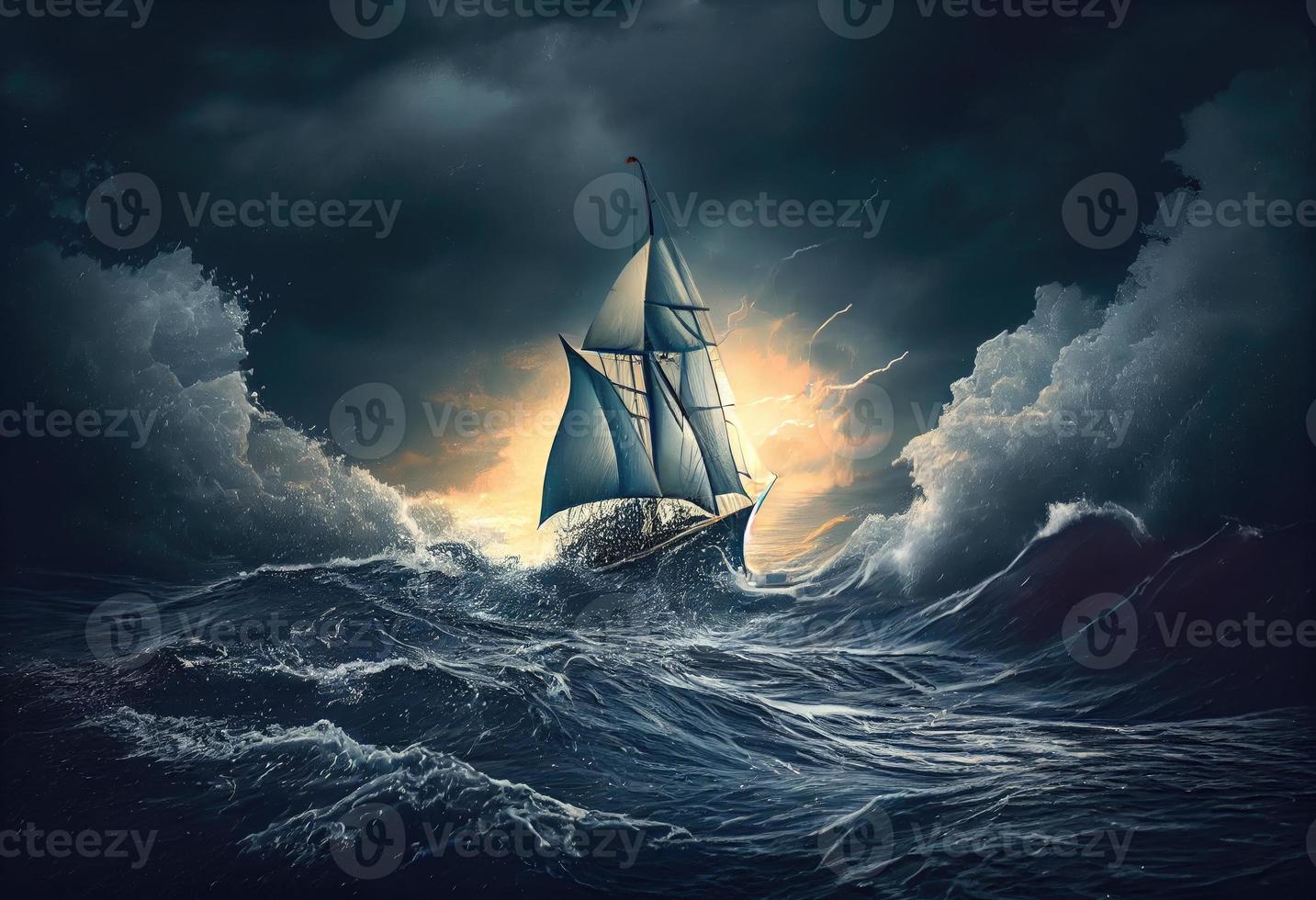 zeilboot tegen een achtergrond van zee en storm. genereren ai. foto