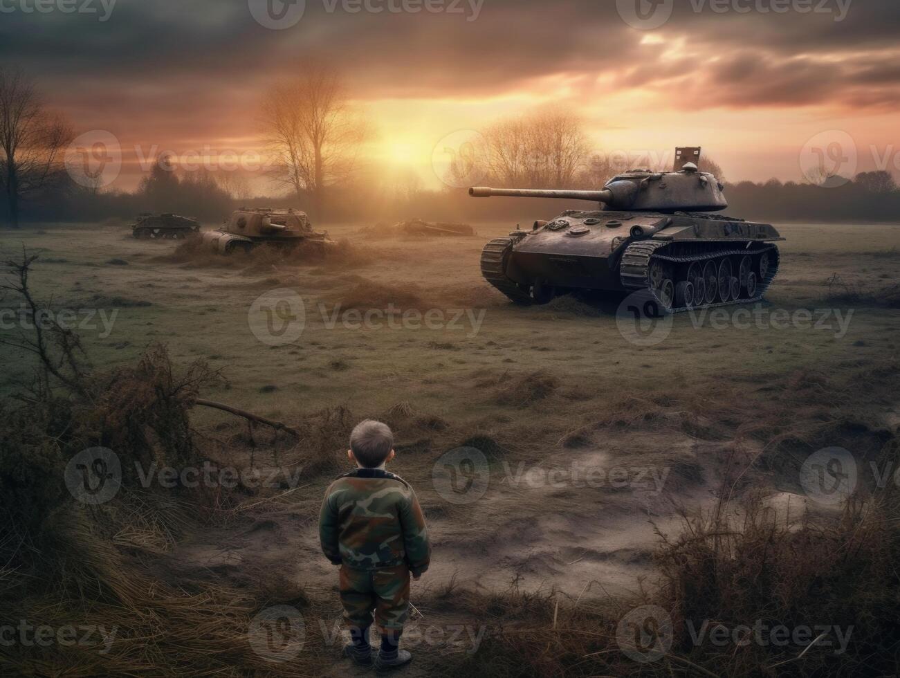 fantasierijk 3d weergave, kind in leger uniform, commandant een tank generatief ai foto