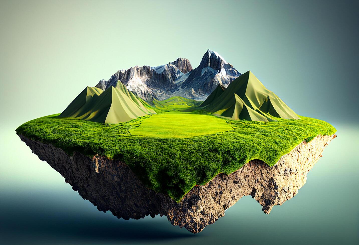 3d geven van een fantasie landschap met bergen en een weide generatief ai foto