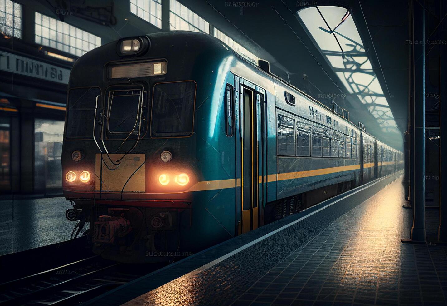 hoog snelheid trein in een station. 3d weergave. afgezwakt afbeelding. generatief ai foto