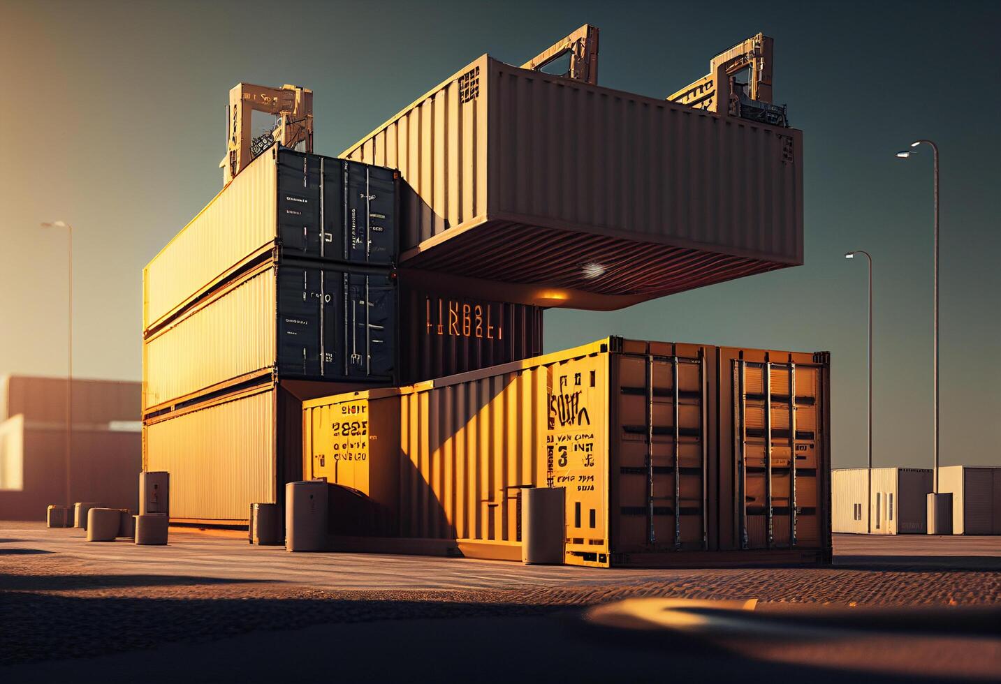 containers en kranen Bij de dokken. 3d renderen generatief ai foto