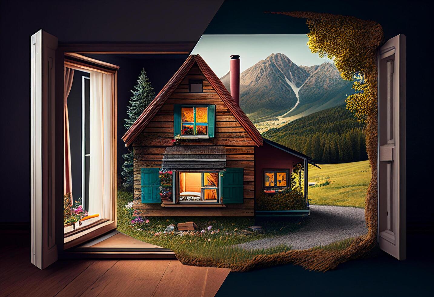 Open deur huis naar een mooi houten huisje in de bergen. 3d renderen generatief ai foto