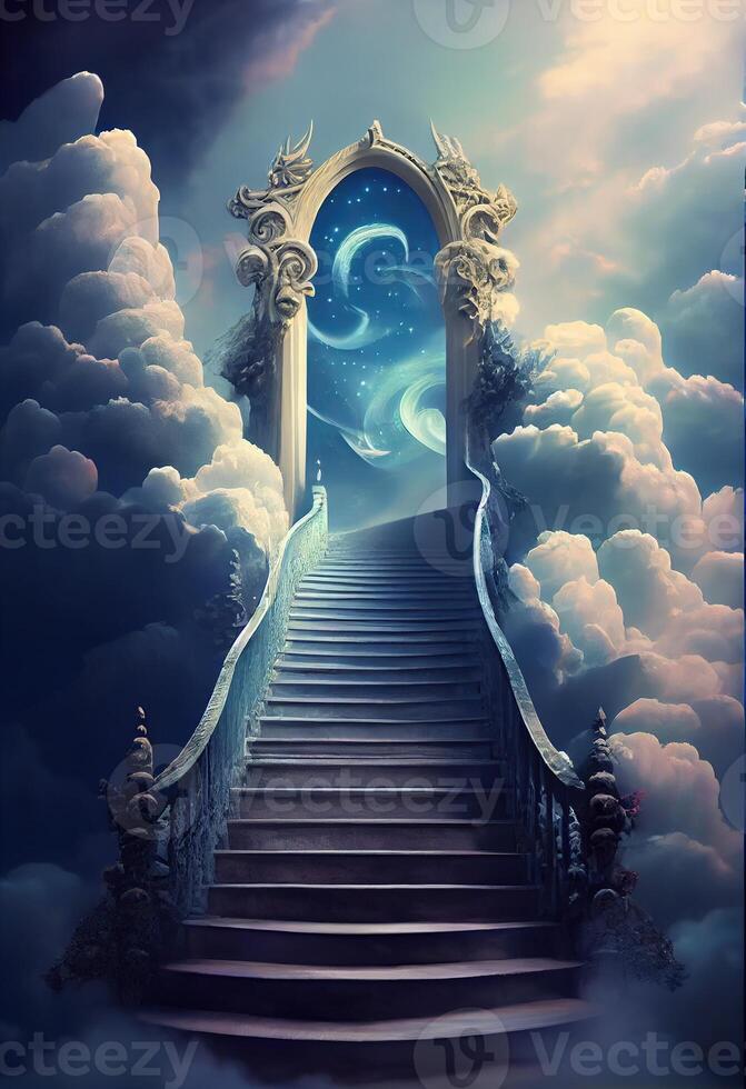 generatief ai illustratie van een verbijsterend trappenhuis dat Leidt omhoog naar een hemels rijk. de trap zijn verlichte met een zacht, etherisch licht, een nevelig, magisch nevel foto