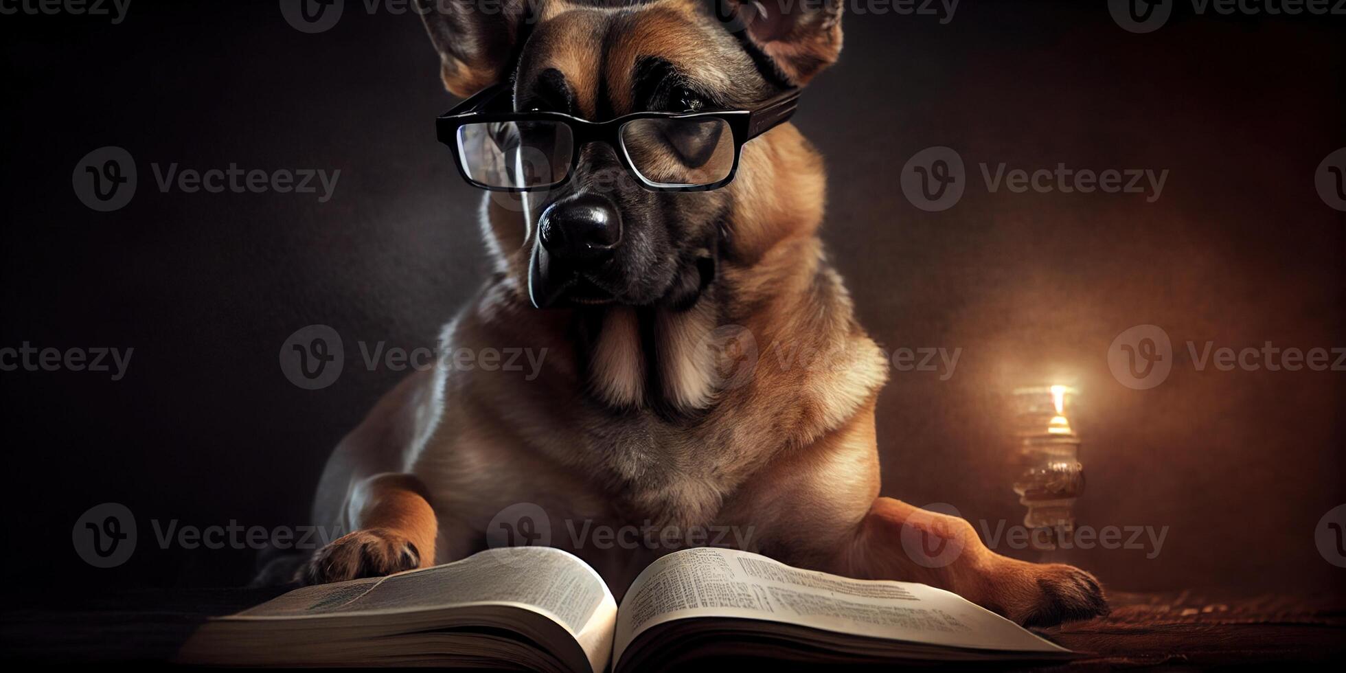 generatief ai illustratie van intelligent echt hond in bril lezing een boek, volumn licht foto