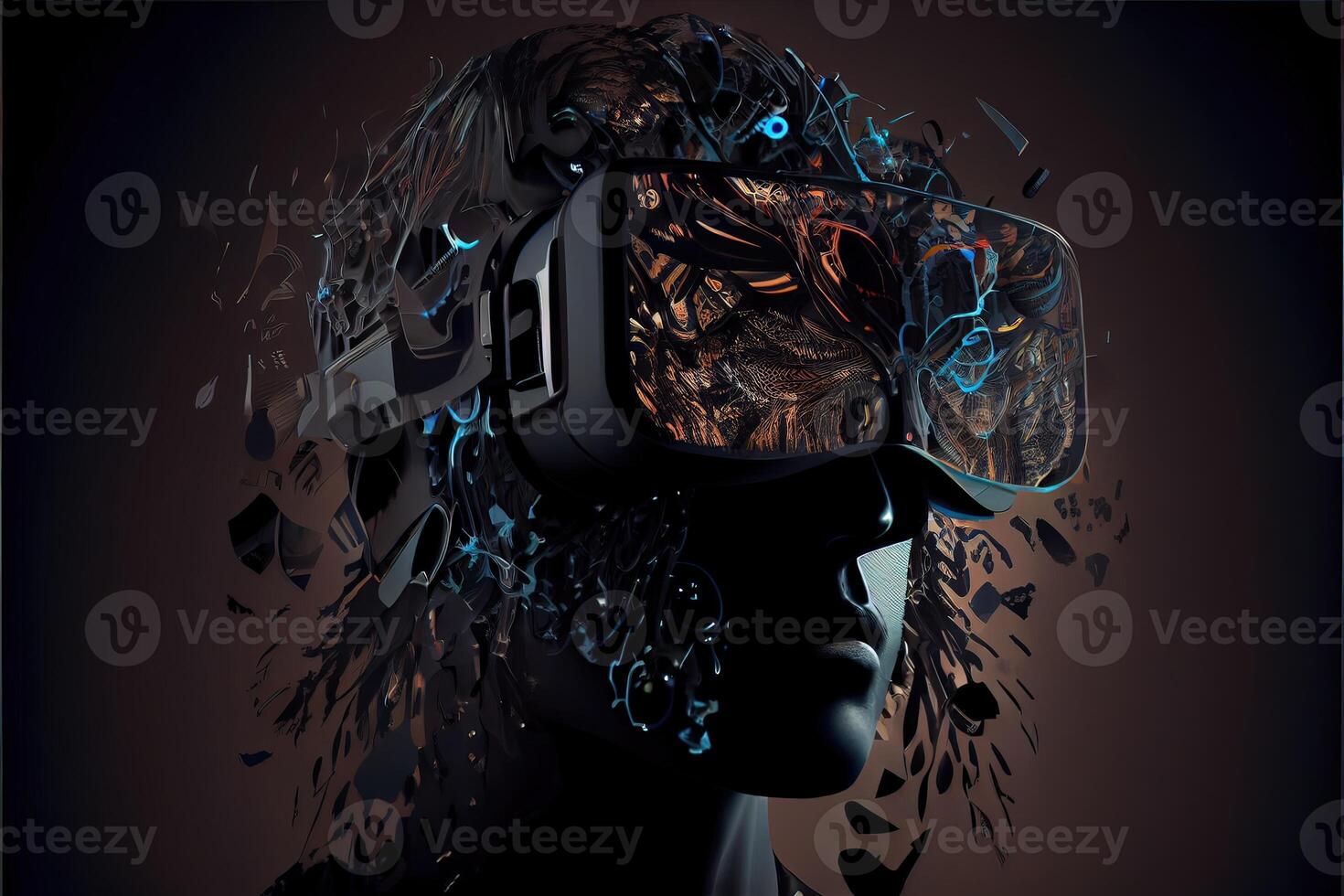 generatief ai illustratie van metaverse concept en virtueel wereld elementen. silhouet van een menselijk gezicht in uitgebreid of virtueel realiteit hoofdtelefoon. neurale netwerk gegenereerd ai kunst foto