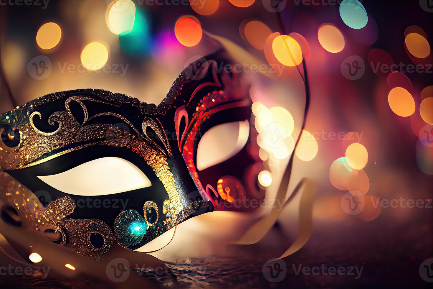 generatief ai illustratie van de levendig energie en opwinding van braziliaans carnaval, Venetiaanse carnaval masker en confetti met abstract onscherp bokeh lichten en glimmend slingers foto