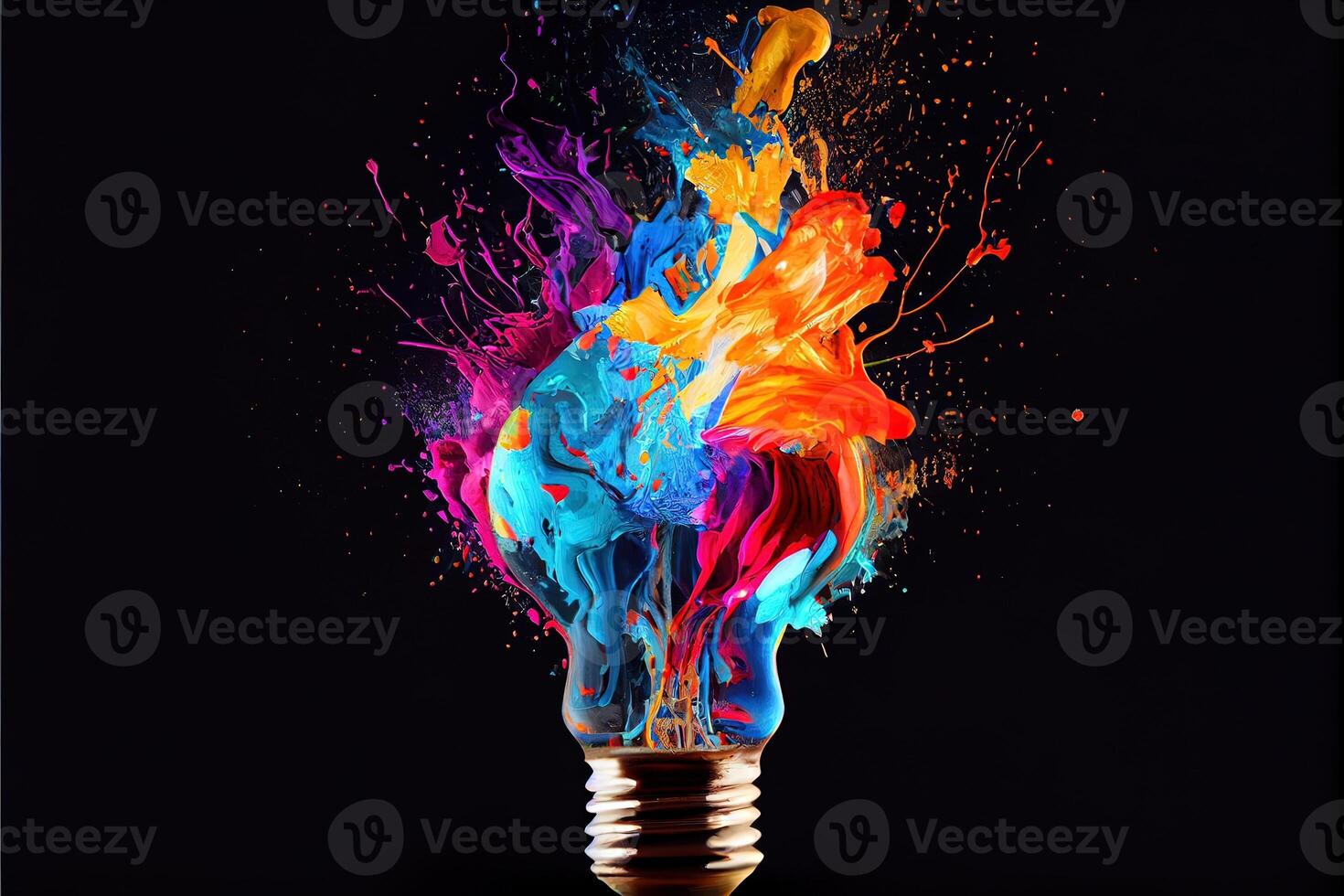 generatief ai illustratie van licht lamp eureka moment met gevolg en inspirerend artistiek kleurrijk explosie van verf energie foto