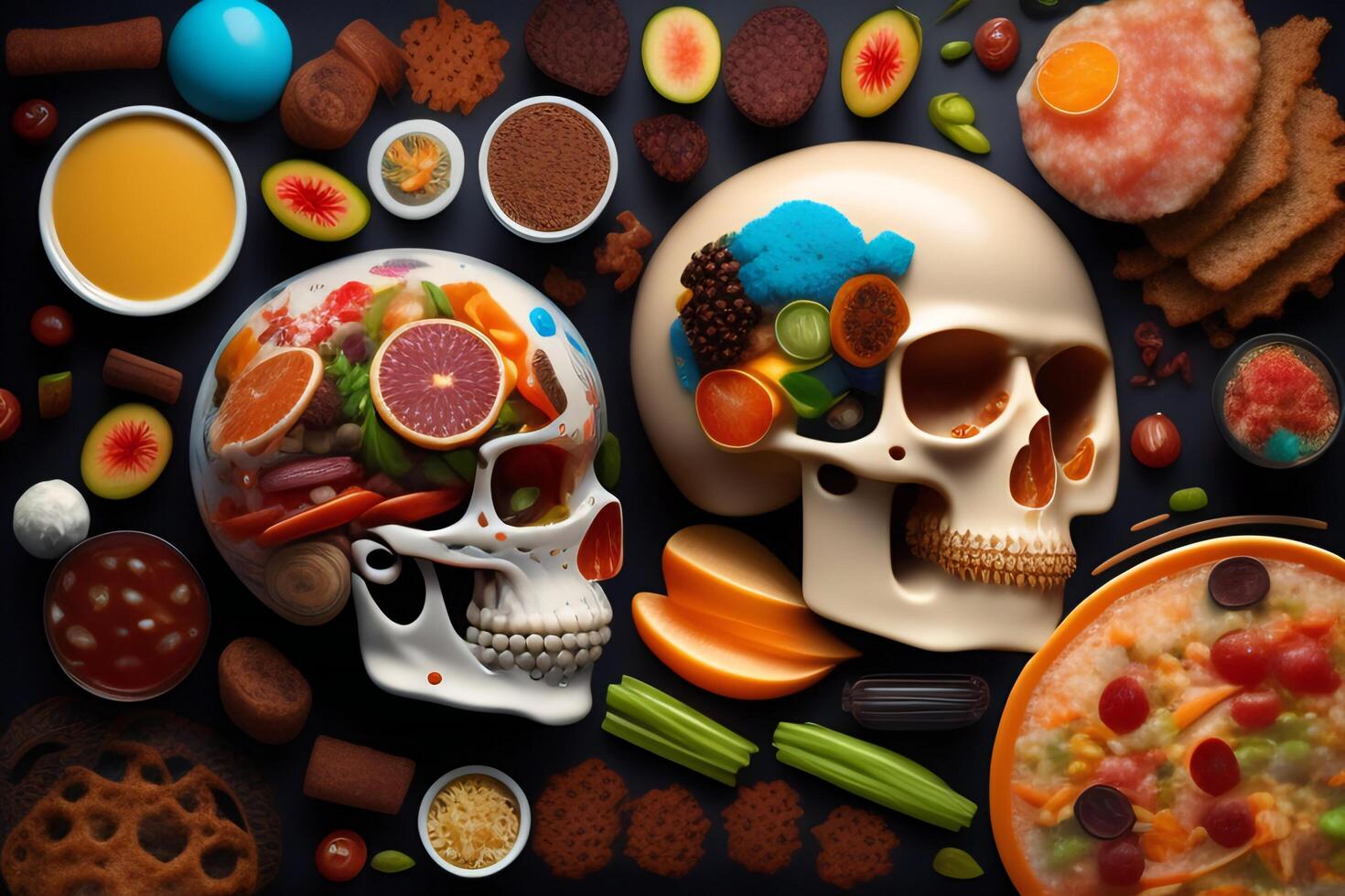 de anatomie van een zoombie hoofd gemaakt van rommel voedsel foto
