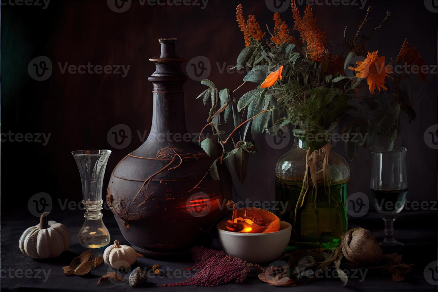 generatief ai illustratie van de ingrediënten van een bloem vaas geregeld voor een heks kookboek. kruiden, flessen, flesjes, terracotta menging pot foto