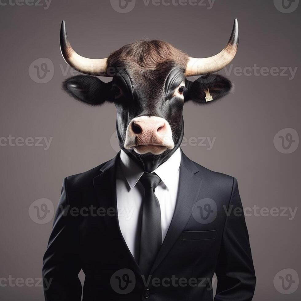 een Mens in een pak en een stier masker ai generatief foto